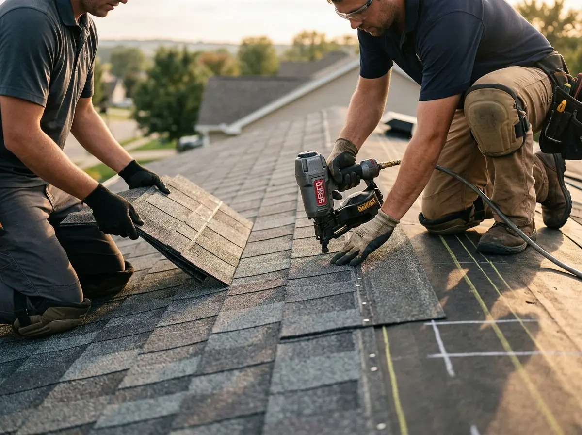 Professional roofer working on a residential roof in East Marlborough